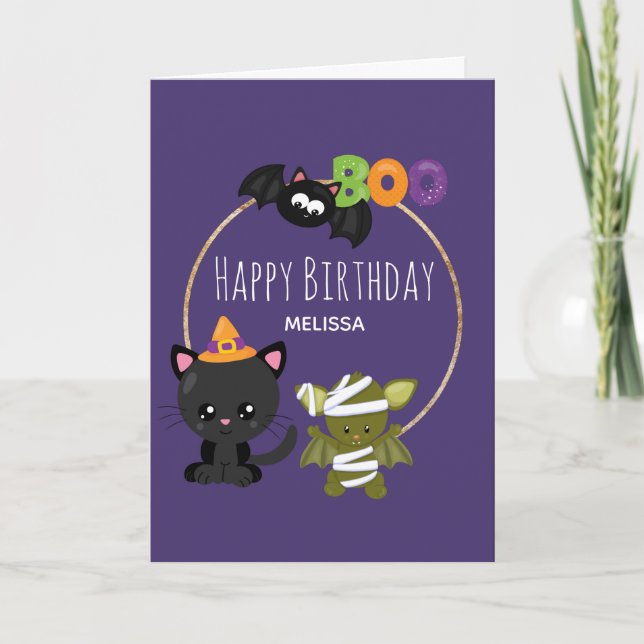Niedliche Halloween Cat, Bat & Mummy Boo Geburtsta Karte (Vorderseite)