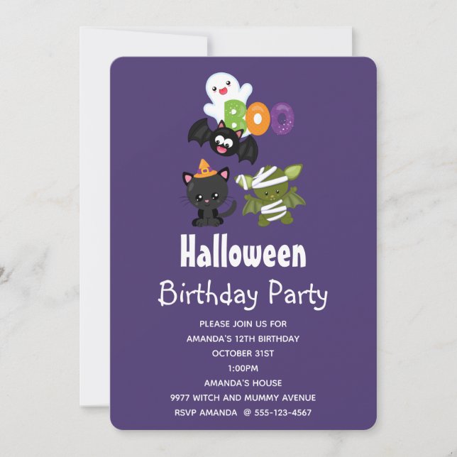 Niedliche Halloween Cat, Bat, Mummy und Ghost Gebu Einladung (Vorderseite)