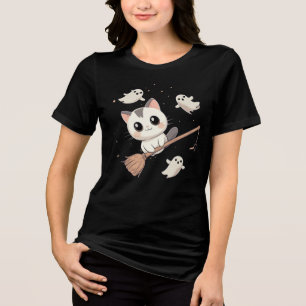 Niedliche Halloween Cat Flying on Broom T - Shirt