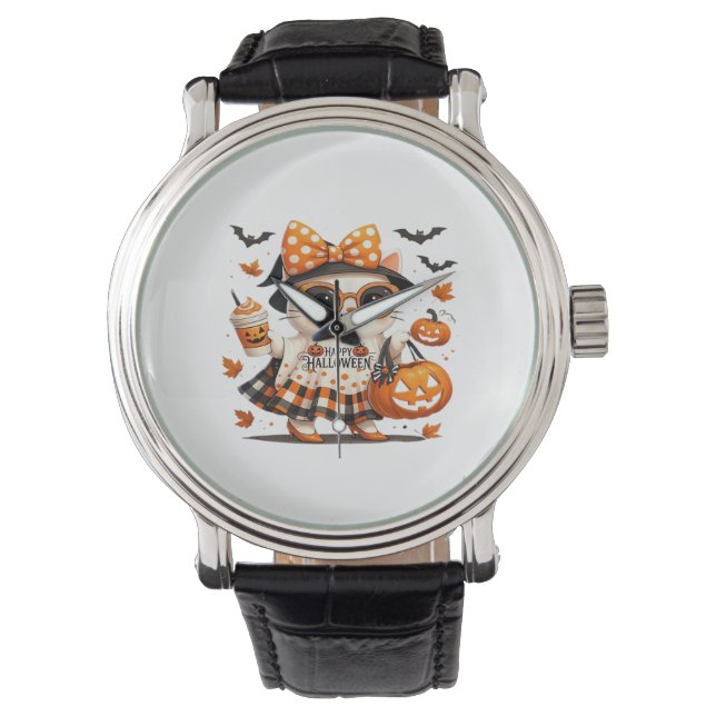 Niedliche Halloween Cat - Kawaii Hexenkätzchen mit Armbanduhr (Vorderseite)