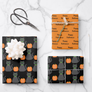 Niedliche Halloween Cat und Pumpkin Custom Geschenkpapier Set