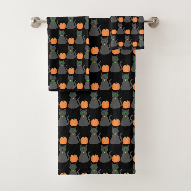 Niedliche Halloween Cat und Pumpkin Gemustert Badhandtuch Set (Insitu)