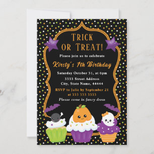 Niedliche Halloween Cupcakes & Polka Dots Geburtst Einladung