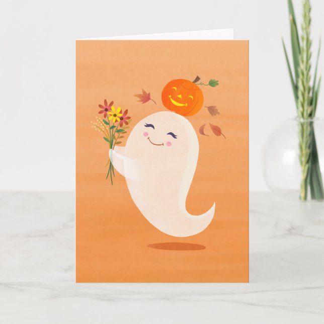 Niedliche Halloween-Geist und Blume Karte (Vorderseite)