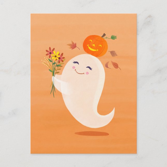 Niedliche Halloween-Geist und Blume Orange Postcar Postkarte (Vorderseite)