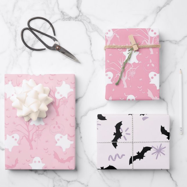 Niedliche Halloween-Geist und Fledermaus Geschenkpapier Set (Vorderseite)