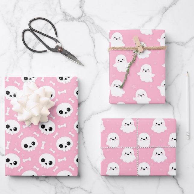 Niedliche Halloween-Geist- und Skulls-Muster Geschenkpapier Set (Vorderseite)
