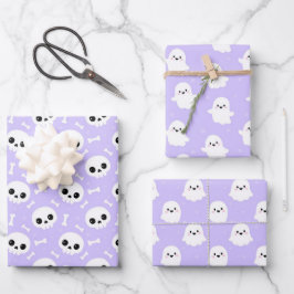 Niedliche Halloween-Geist- und Skulls-Muster Geschenkpapier Set