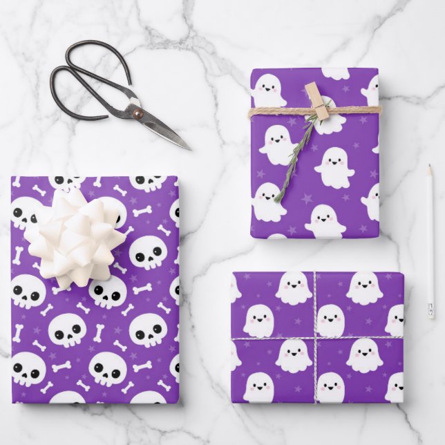 Niedliche Halloween-Geist- und Skulls-Muster Geschenkpapier Set (Vorderseite)