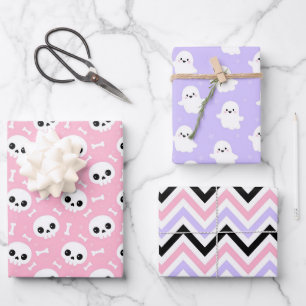 Niedliche Halloween-Geist- und Skulls-Muster Geschenkpapier Set