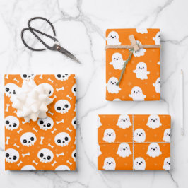 Niedliche Halloween-Geist- und Skulls-Muster Geschenkpapier Set