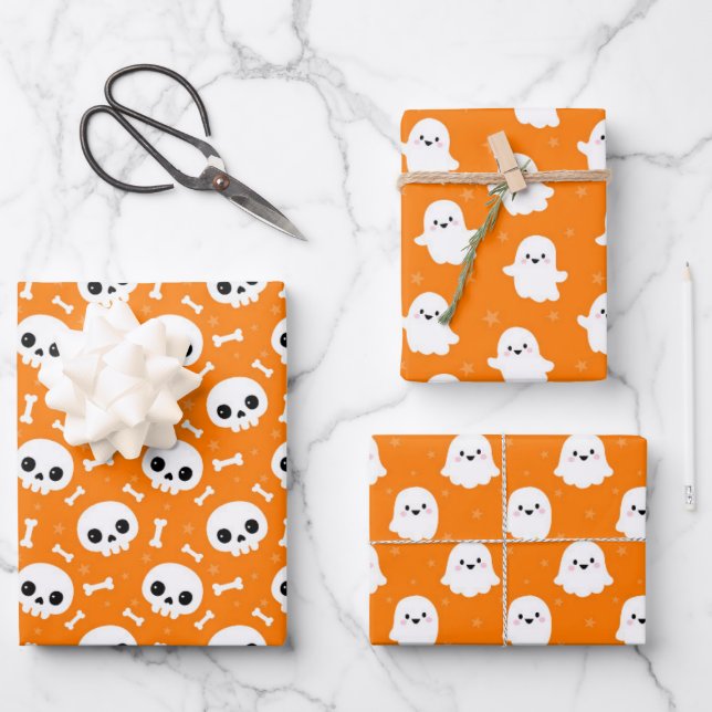 Niedliche Halloween-Geist- und Skulls-Muster Geschenkpapier Set (Vorderseite)