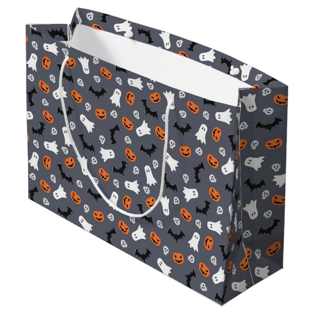 Niedliche Halloween-Geister, Pumpkins, Schädel, Fl Große Geschenktüte (Rückseite Schrägansicht)