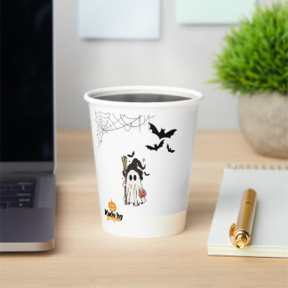 Niedliche Halloween-Geisterhaube mit Broom und Pum Pappbecher