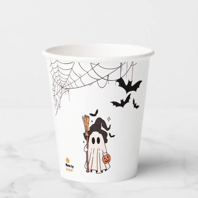 Niedliche Halloween-Geisterhaube mit Broom und Pum Pappbecher (Vorderseite)