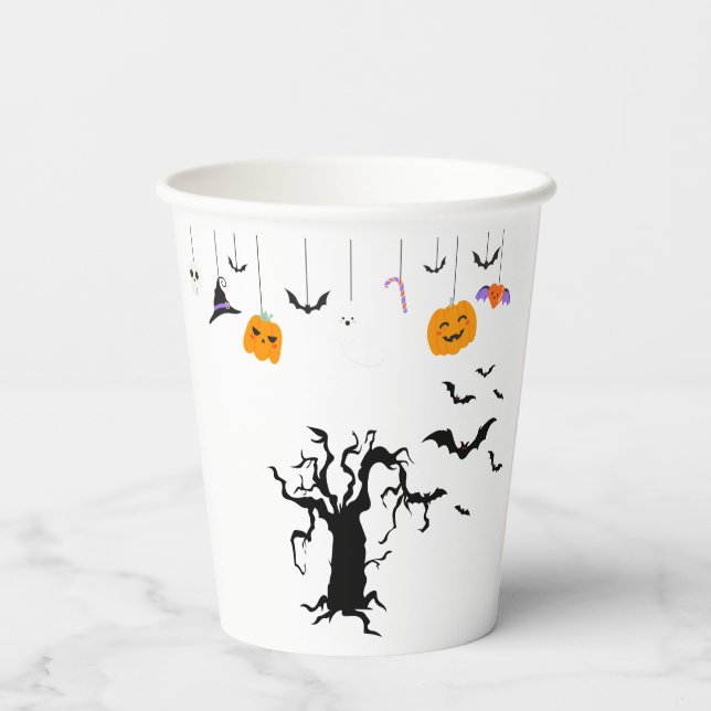 Niedliche Halloween-Geisterhaube mit Broom und Pum Pappbecher (Rückseite)