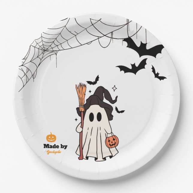 Niedliche Halloween-Geisterhaube mit Broom und Pum Pappteller (Vorderseite)