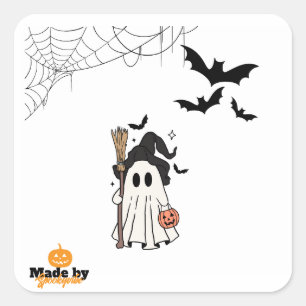 Niedliche Halloween-Geisterhaube mit Broom und Pum Quadratischer Aufkleber