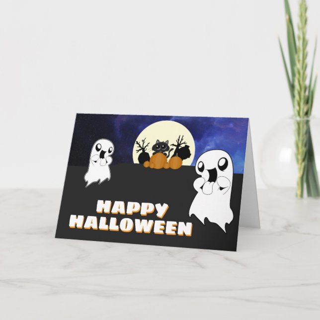 Niedliche Halloween Ghost Black Cat Spooky Karte (Vorderseite)