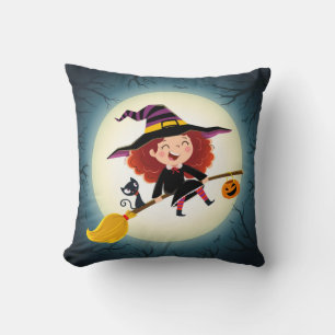 Niedliche Halloween-Hexe auf Broom mit Kat und Kür Kissen