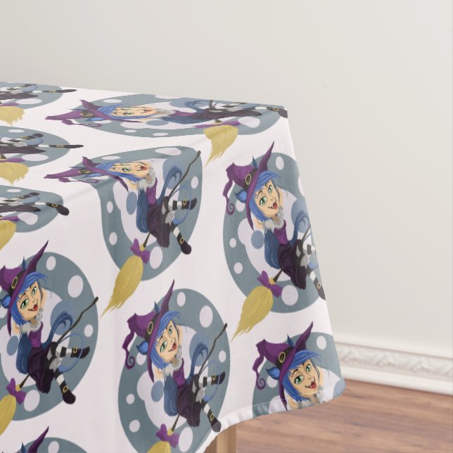 Niedliche Halloween-Hexe auf Broom Tischdecke (Beispiel)