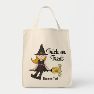 Niedliche Halloween-Hexe auf dem Besen-Stock Tragetasche