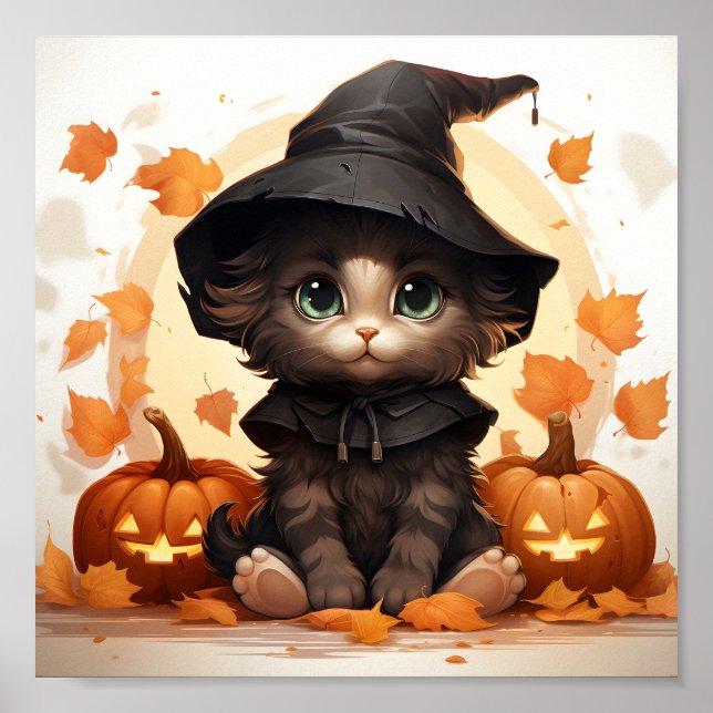 Niedliche Halloween-Hexe, Blätter und Kürbiskins Poster (Vorne)