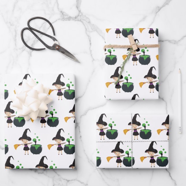 Niedliche Halloween-Hexe Geschenkpapier Set (Vorderseite)