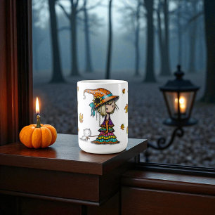 Niedliche Halloween Hexe & Kitten mit Herbstblätte Kaffeetasse