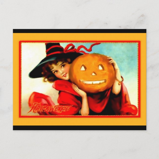 Niedliche Halloween Hexe mit Jack O' Lantern Vinta Postkarte (Vorderseite)
