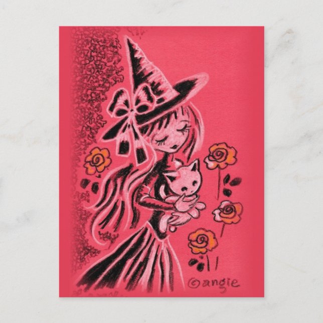 Niedliche Halloween-Hexe mit Kätzchen Postkarte (Vorderseite)