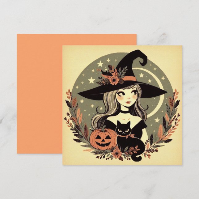 Niedliche Halloween-Hexe mit Schwarzer Katze und K Karte (Vorne/Hinten)