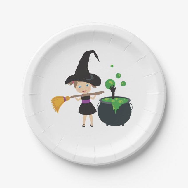Niedliche Halloween-Hexe Pappteller (Vorderseite)