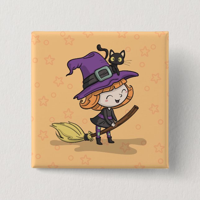 Niedliche Halloween Hexe und Katze | Button (Vorderseite)