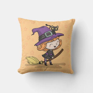 Niedliche Halloween Hexe und Katze   Dekokissen