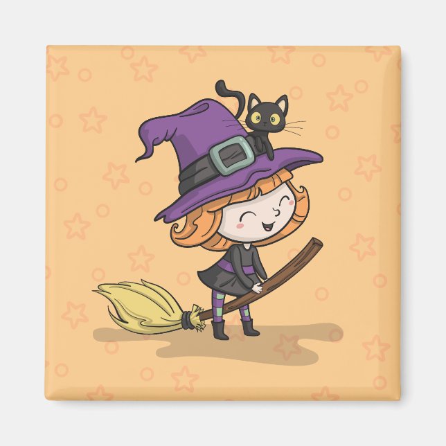 Niedliche Halloween Hexe und Katze | Magnet (Vorne)