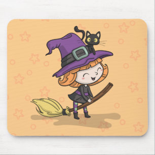 Niedliche Halloween Hexe und Katze   Mousepad
