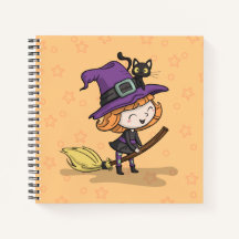Niedliche Halloween Hexe und Katze | Notizbuch
