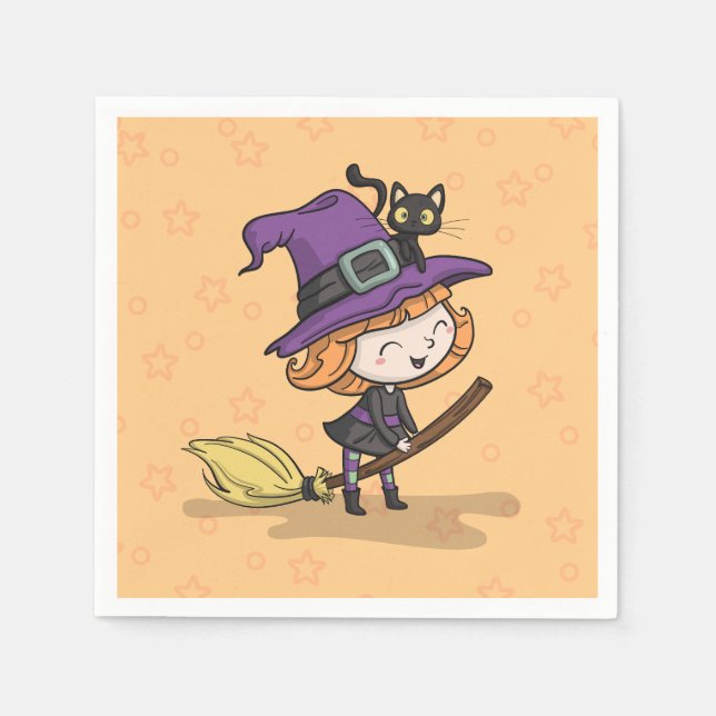 Niedliche Halloween Hexe und Katze | Serviette (Vorderseite)