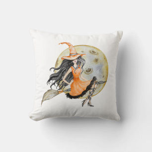 Niedliche Halloween Hexe und Mond Kissen