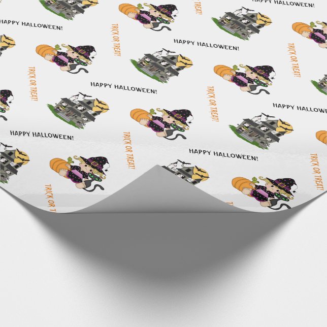 Niedliche Halloween-Hexe und Spuk Haus Geschenkpapier (Ecke)