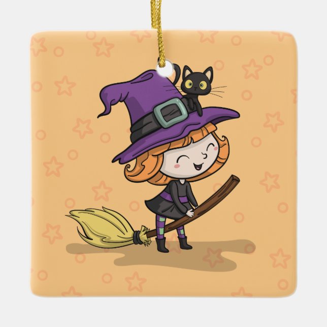 Niedliche Halloween-Hexe und Verzierung der Keramikornament (Vorderseite)