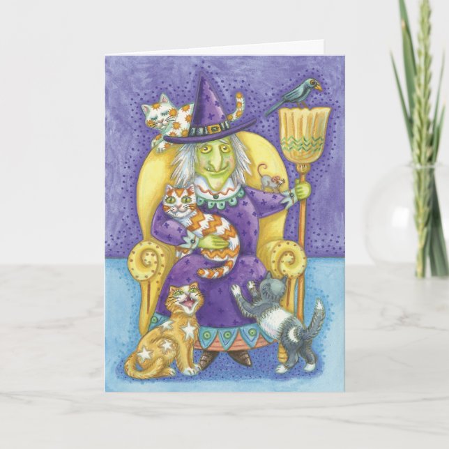 Niedliche Halloween-Hexe, verrückte Katzen-Dame Karte (Vorderseite)