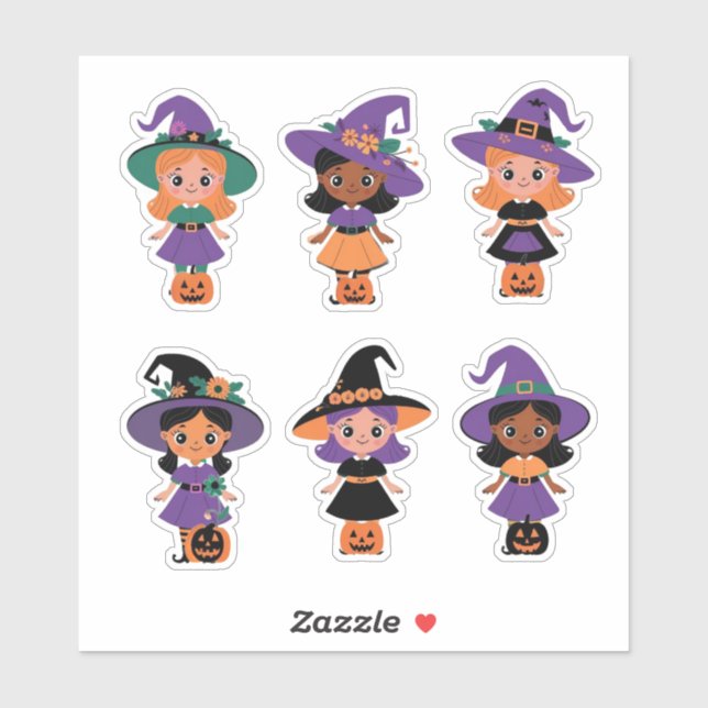 Niedliche Halloween-Hexen mit Pumpkins-Aufkleber Aufkleber (Blatt)