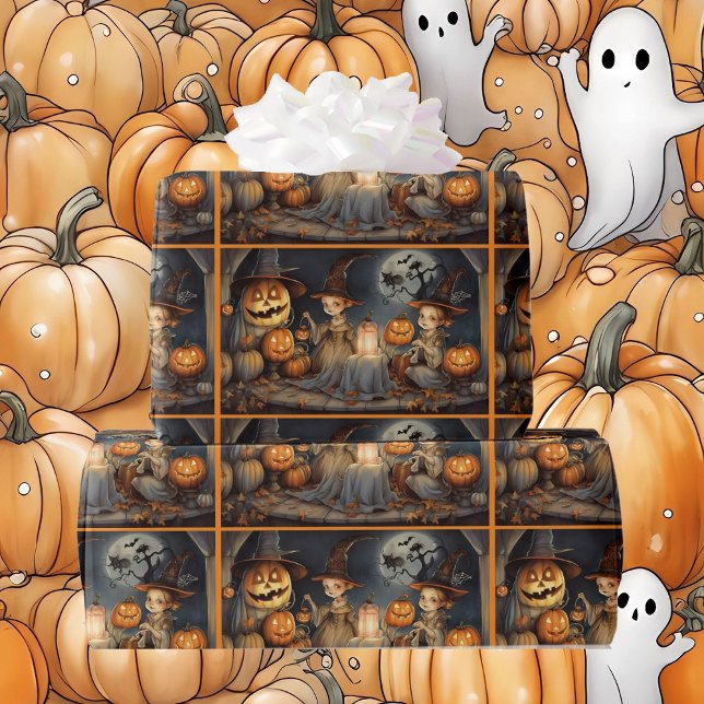 Niedliche Halloween Hexen & Pumpkins Geburtstag Geschenkpapier (Von Creator hochgeladen)