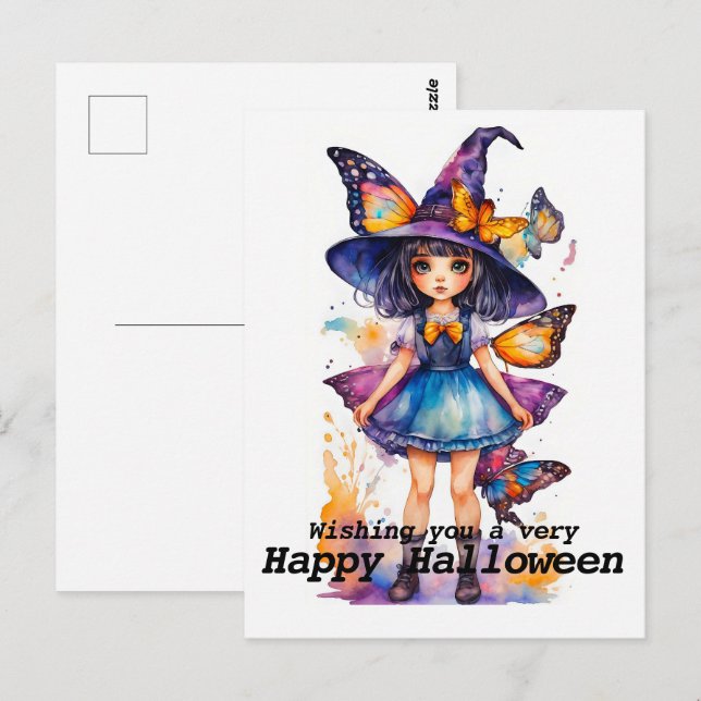 Niedliche Halloween-Hexen und Schmetterlinge Postkarte (Vorne/Hinten)
