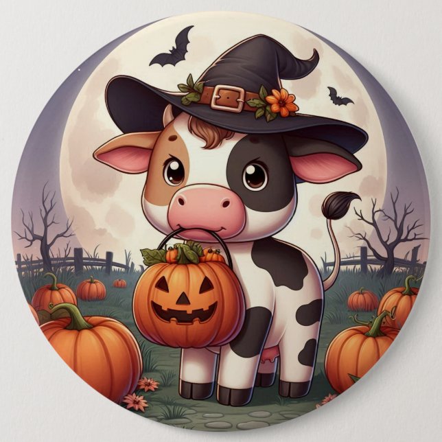 Niedliche Halloween-Hexenkuh Button (Vorderseite)