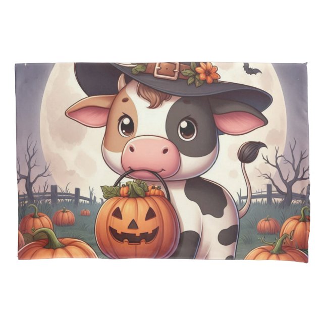Niedliche Halloween-Hexenkuh Kissenbezug (Vorderseite)