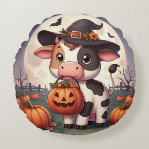 Niedliche Halloween-Hexenkuh Rundes Kissen