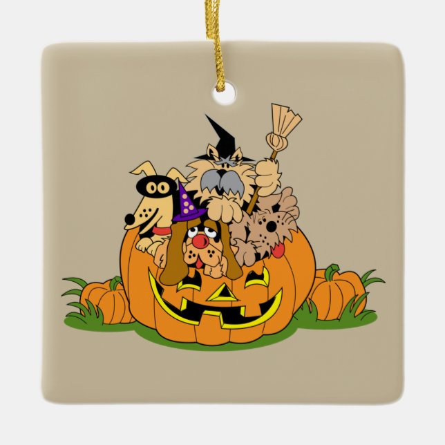 Niedliche Halloween-Hunde in einem Kürbis Keramikornament (Vorderseite)